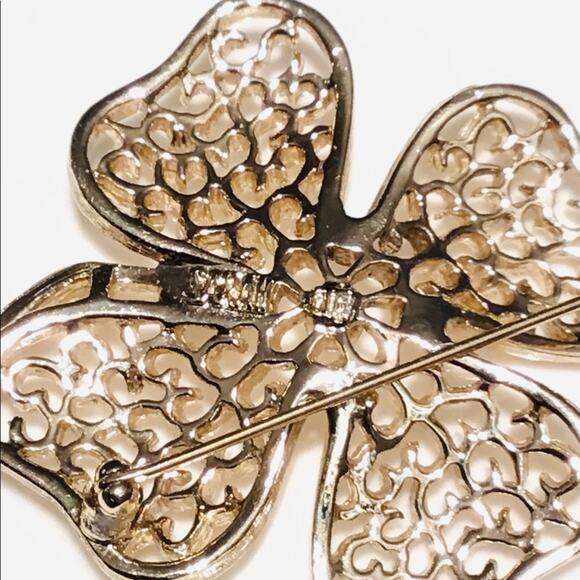 VTG Gold Plate Sarah Coventry 4-LEAF CLOVER BROOCH Pin 2” Open Metalwork Lacey - Picture 3 of 5